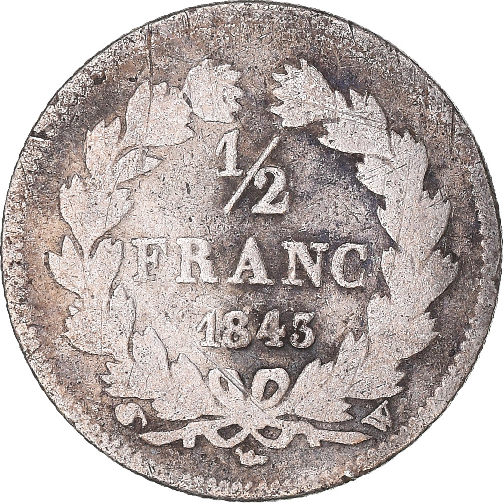 Moneda, Francia, Louis-Philippe, 1/2 Franc, 1843, Lille, BC, Plata, KM:741.13