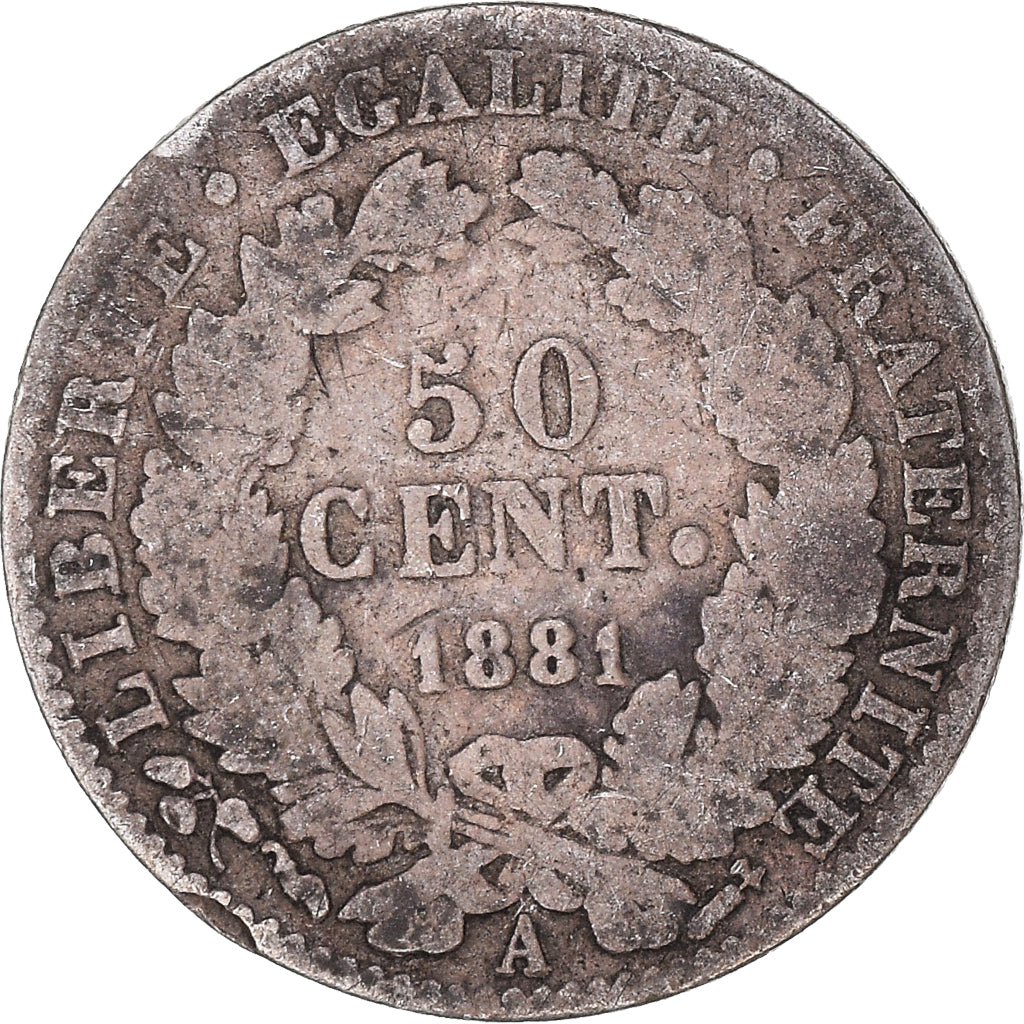 Moneda, Francia, Cérès, 50 Centimes, 1881, Paris, BC+, Plata, KM:834.1