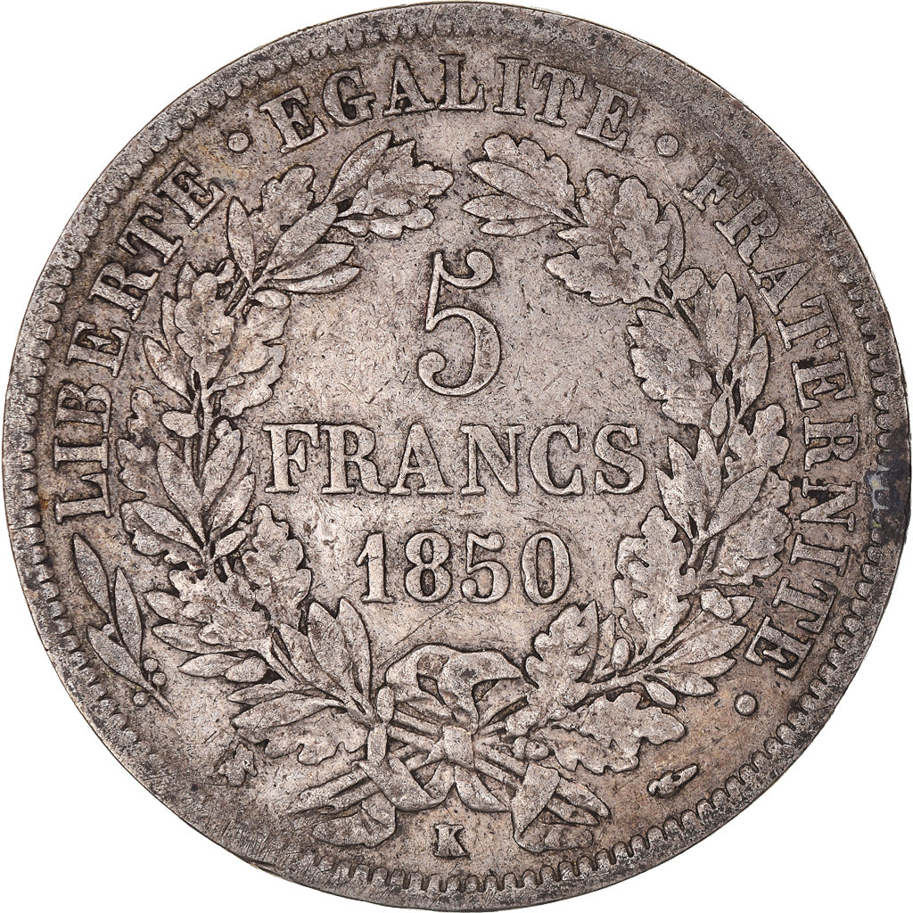 Moneda, Francia, Cérès, 5 Francs, 1850, Bordeaux, BC+, Plata, KM:761.3