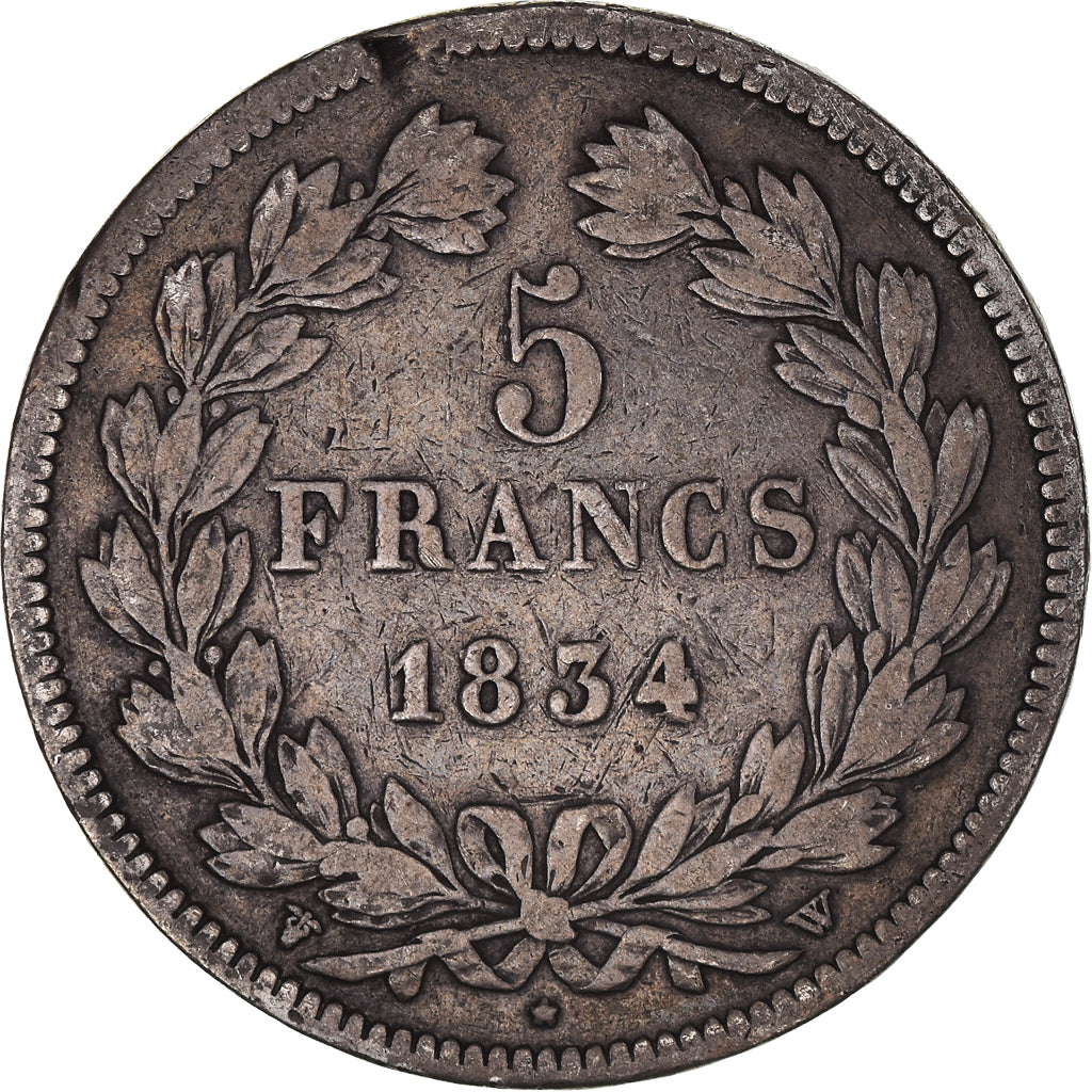 Coin, France, Louis-Philippe, 5 Francs, 1834, Lille, VF(20-25), Silver