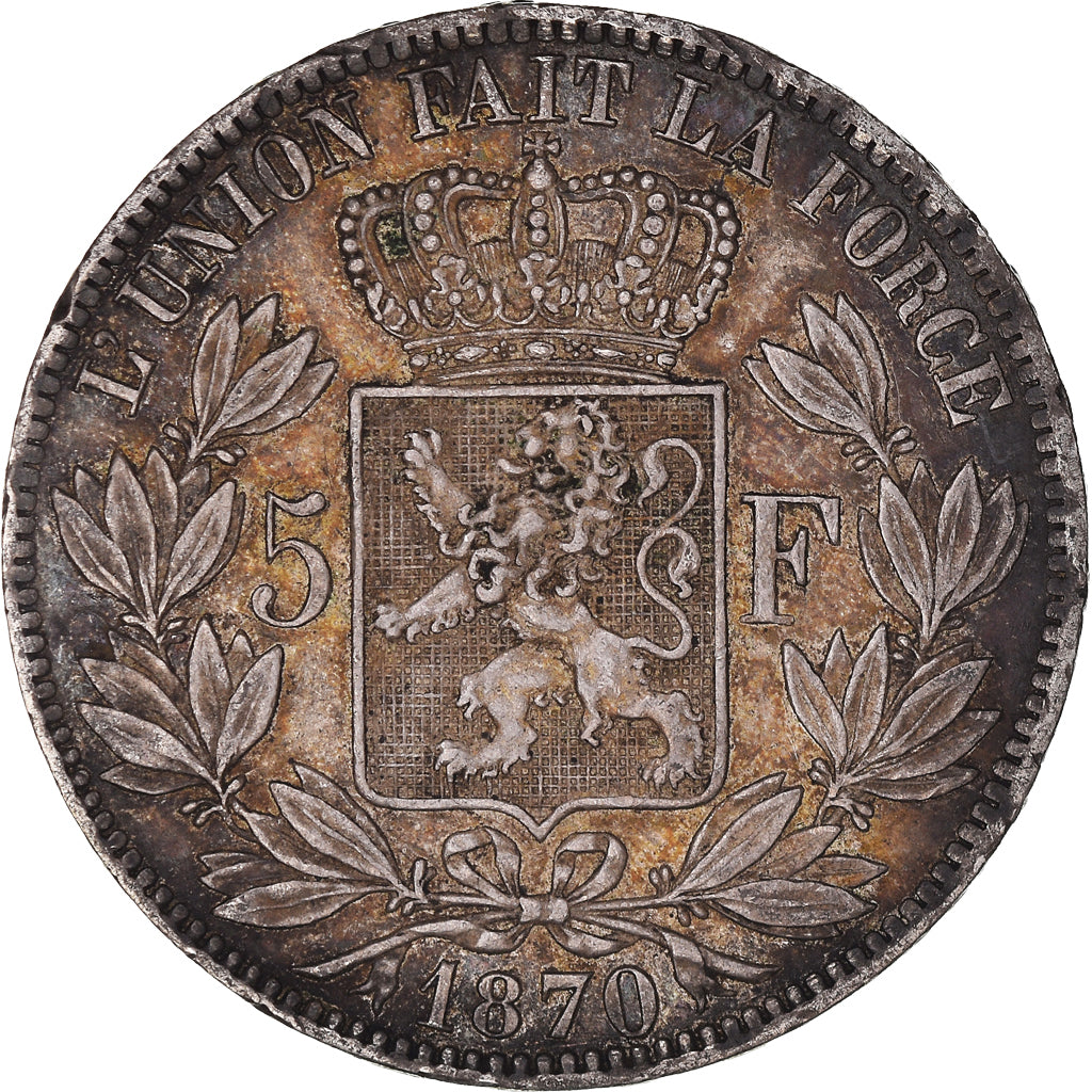 Coin, Belgium, Leopold II, 5 Francs, 5 Frank, 1870, Brussels, AU(50-53), Silver