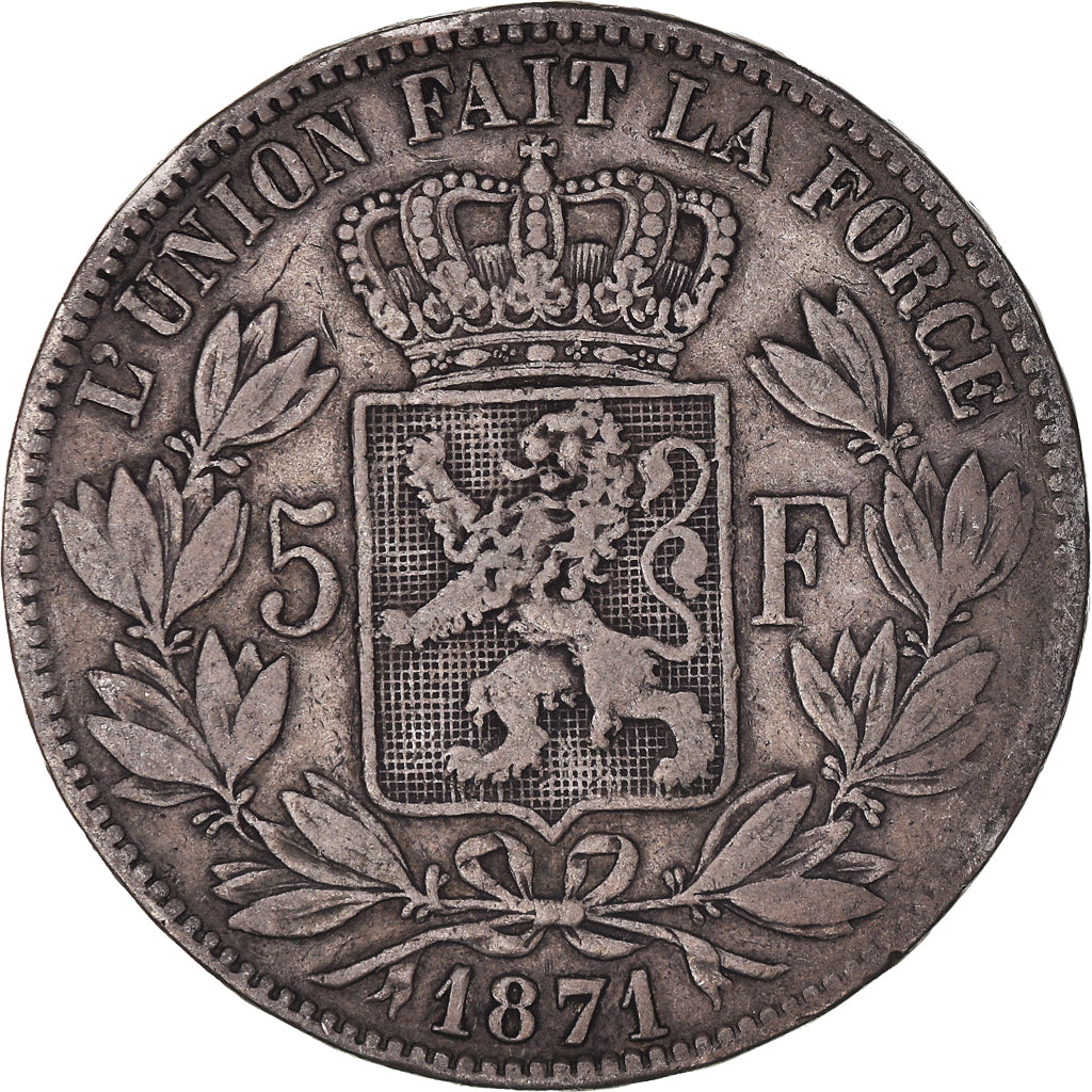 Coin, Belgium, Leopold II, 5 Francs, 5 Frank, 1871, Brussels, VF(30-35), Silver