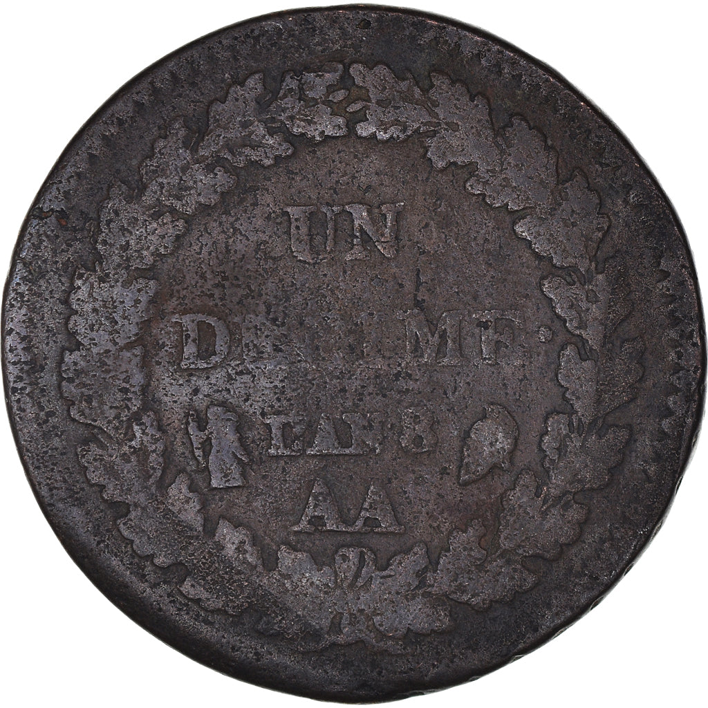 Moeda, França, Dupré, Decime, AN 8, Metz, VF(20-25), Bronze, KM:644.2