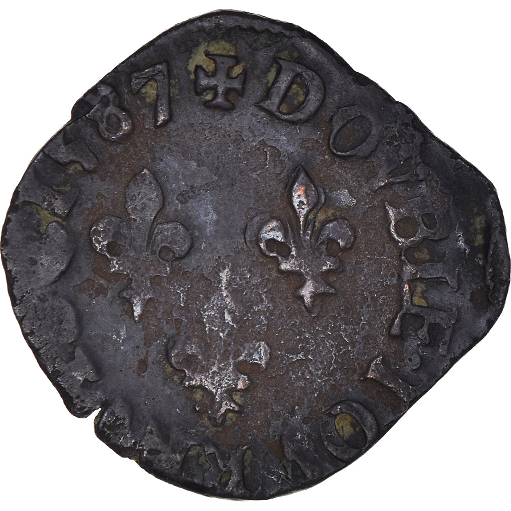 Coin, France, Henri III, Double Tournois, 1587, Troyes, VF(30-35), Copper