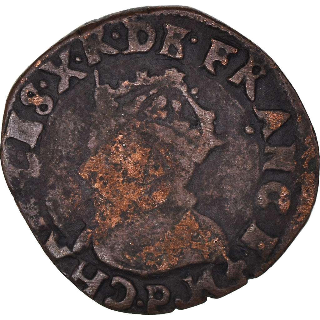 Moneta, Francia, Charles X, Double Tournois, 1594, Dijon, MB, Rame, CGKL:146