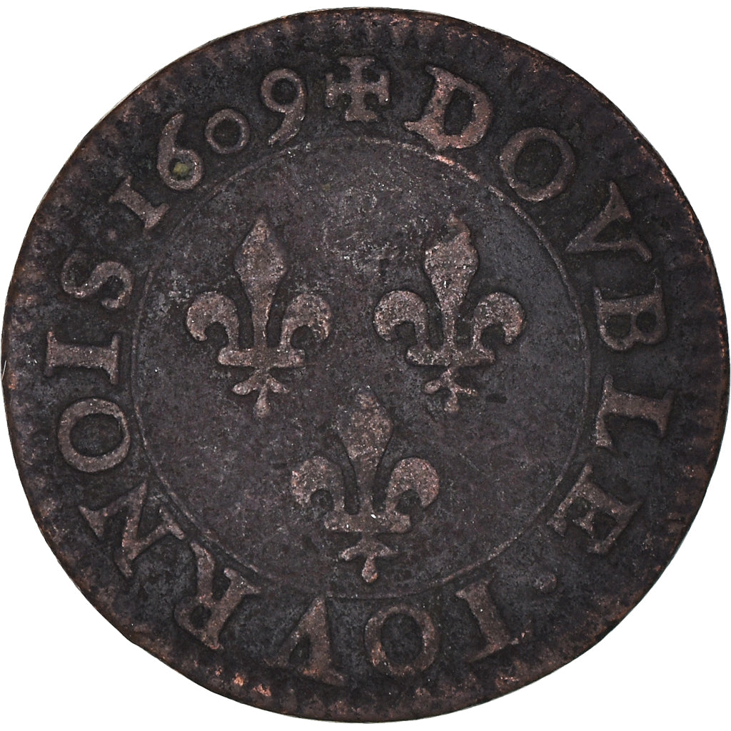 Moneda, Francia, Henri IV, Double Tournois, 1609, Paris, BC+, Cobre, CGKL:222