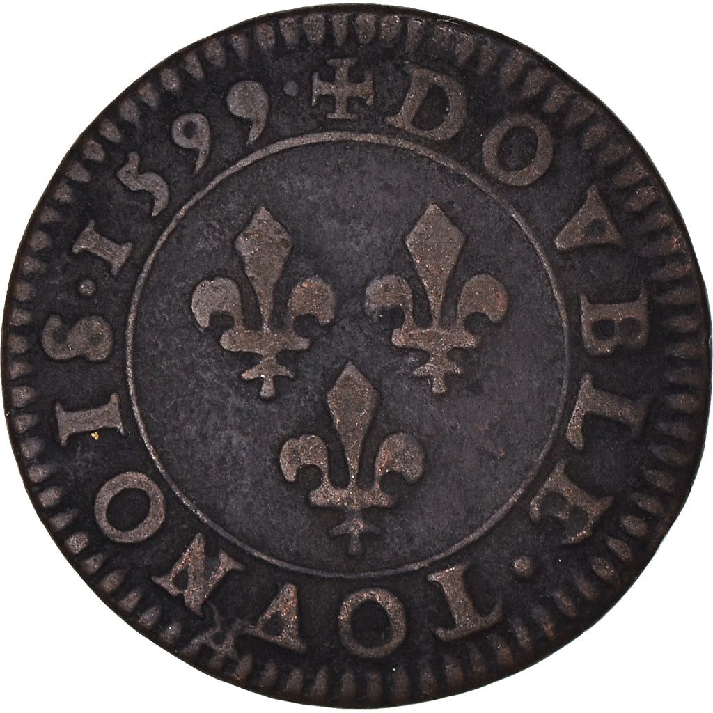 Moneta, Francia, Henri IV, Double Tournois, 1599, Paris, MB+, Rame, CGKL:222