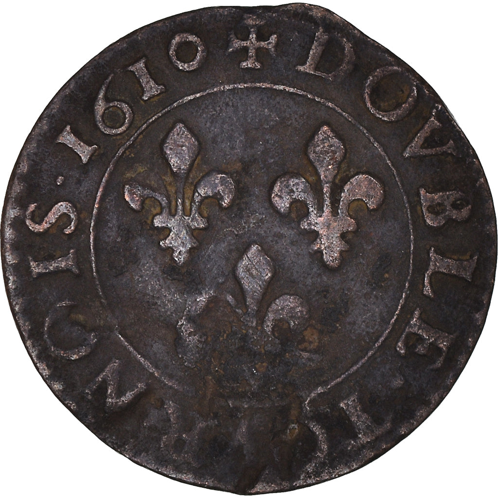 Moneta, Francja, Henri IV, Double Tournois, 1610, Nantes, F(12-15), Miedź