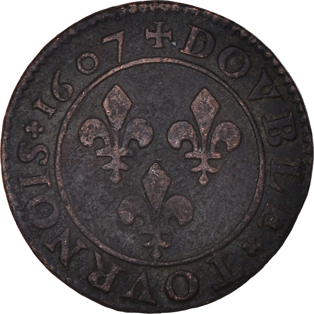 Monnaie, France, Henri IV, Double Tournois, 1607, Lyon, TB+, Cuivre