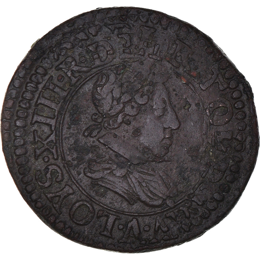 Moeda, França, Louis XIII, Double Tournois, 1621, Paris, EF(40-45), Cobre