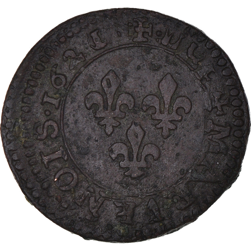 Moeda, França, Louis XIII, Double Tournois, 1621, Paris, EF(40-45), Cobre