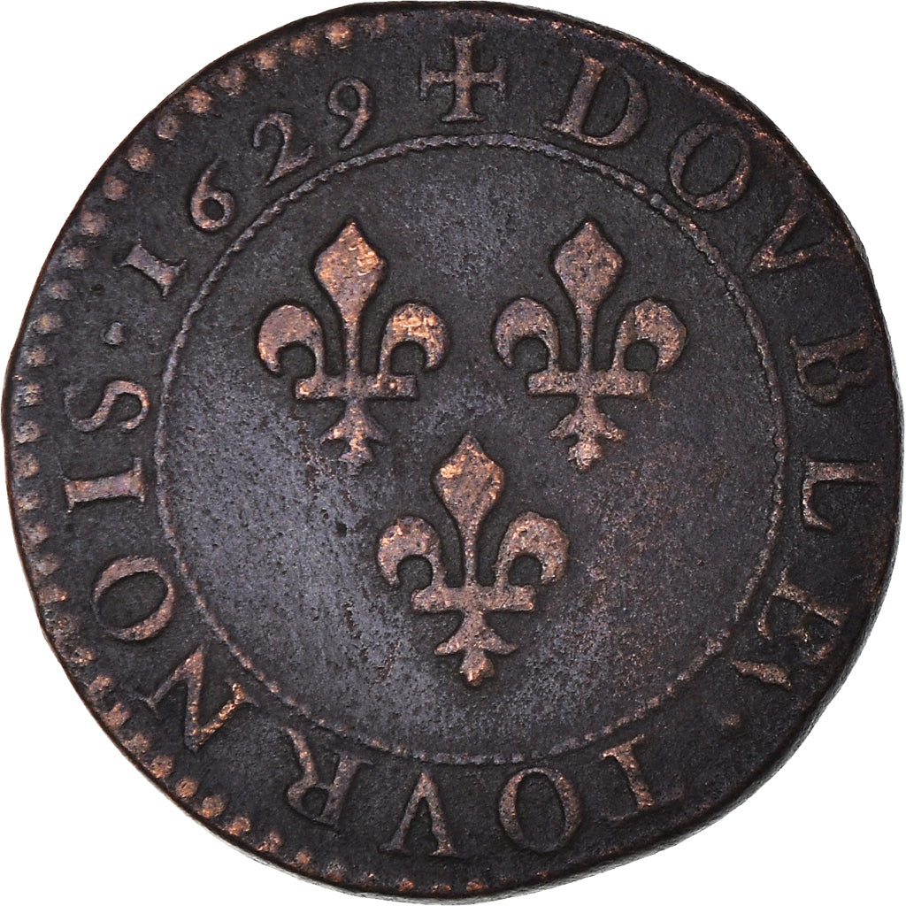 Coin, France, Louis XIII, Double Tournois, 1629, Paris, EF(40-45), Copper