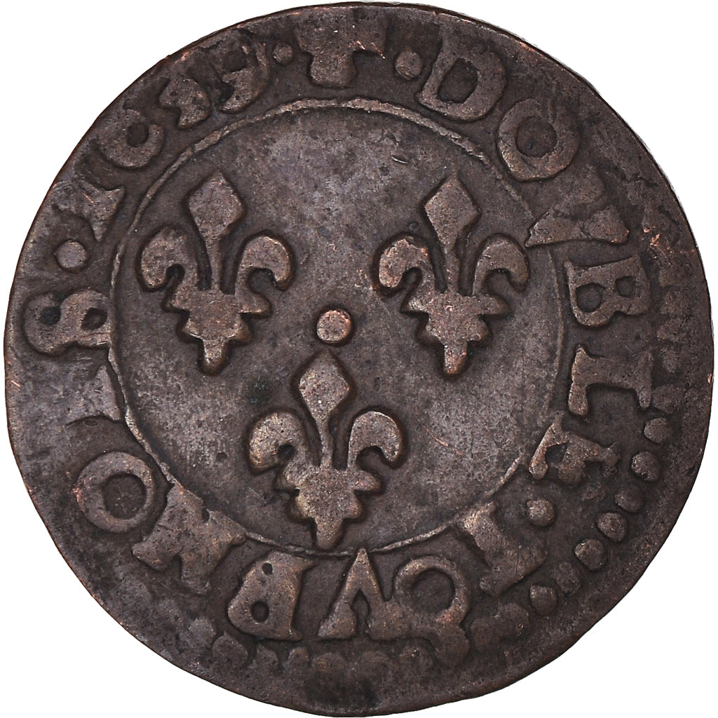 Moneda, Francia, Louis XIII, Double Tournois, 1639, Bordeaux, MBC, Cobre