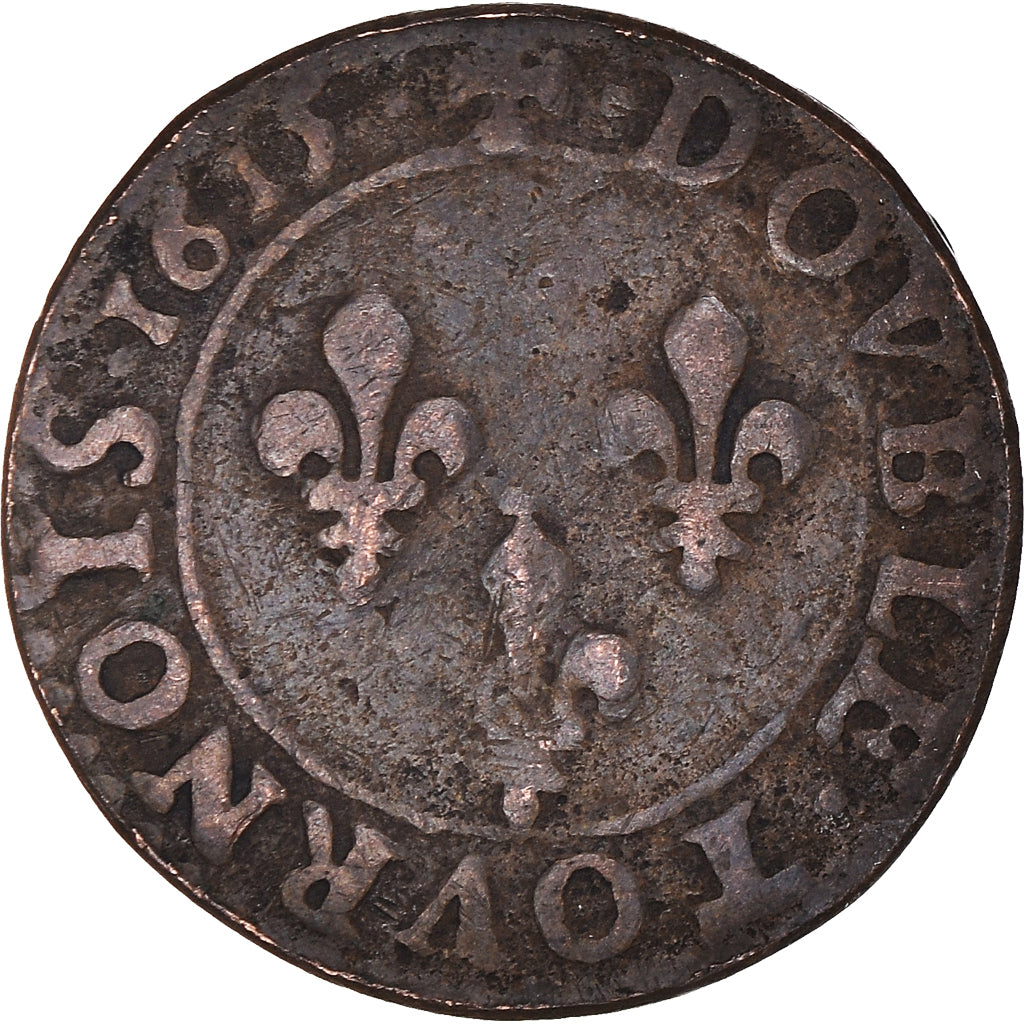 Munten, Frankrijk, Louis XIII, Double Tournois, 1615, Amiens, FR, Koper