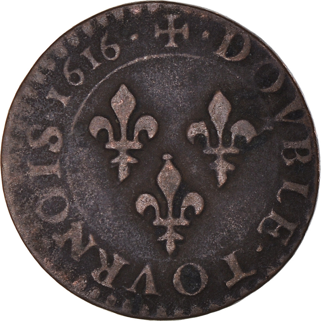 Moneda, Francia, Louis XIII, Double Tournois, 1616, Amiens, BC+, Cobre, CGKL:264