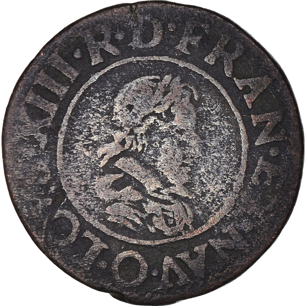 Moneda, Francia, Louis XIII, Double Tournois, 1624, Riom, BC+, Cobre, CGKL:424