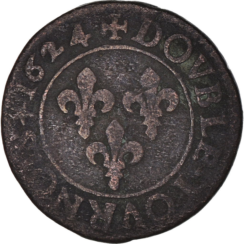 Moneda, Francia, Louis XIII, Double Tournois, 1624, Riom, BC+, Cobre, CGKL:424