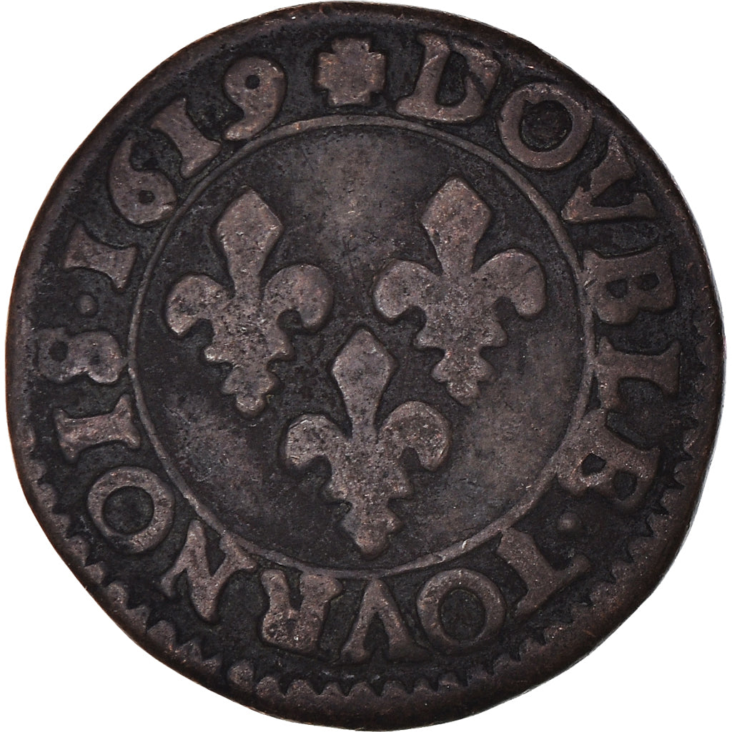 Monnaie, France, Louis XIII, Double Tournois, 1619, Poitiers, TB+, Cuivre