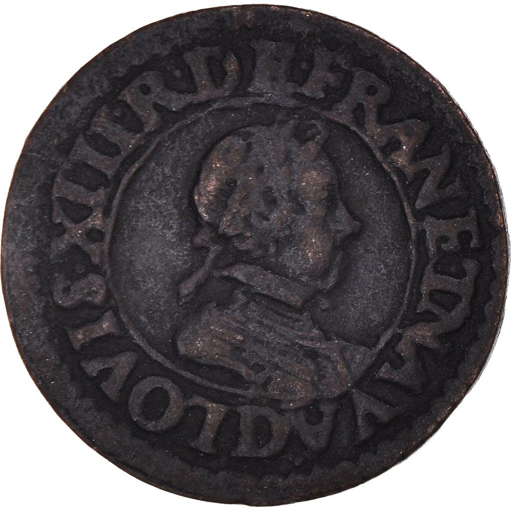 Moneda, Francia, Louis XIII, Double Tournois, 1617, Lyon, MBC, Cobre, CGKL:344