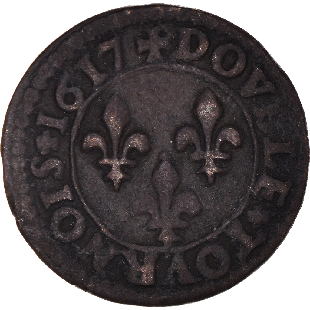 Moneda, Francia, Louis XIII, Double Tournois, 1617, Lyon, MBC, Cobre, CGKL:344