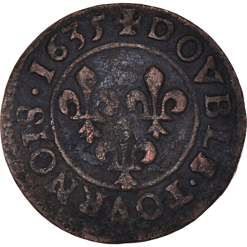 Moeda, França, Louis XIII, Double Tournois, 1635, Paris, EF(40-45), Cobre