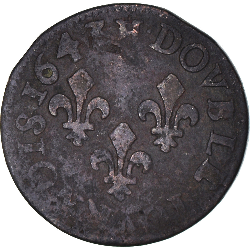 Coin, France, Louis XIII, Double Tournois, 1643, La Rochelle, VF(20-25), Copper