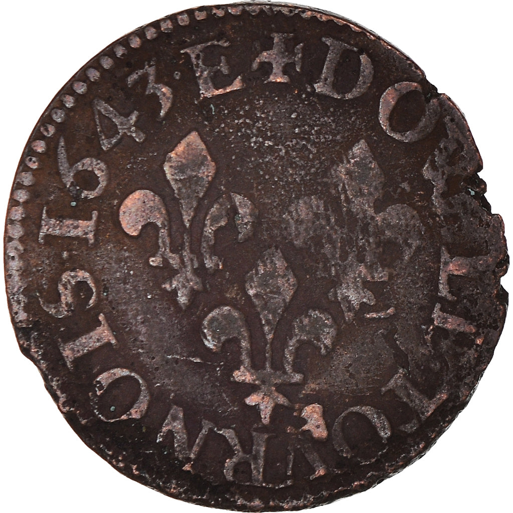 Münze, Frankreich, Louis XIII, Double Tournois, 1643, Tours, S+, Kupfer