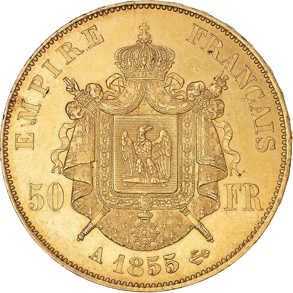 Moneda, Francia, Napoleon III, Napoléon III, 50 Francs, 1855, Paris, MBC, Oro