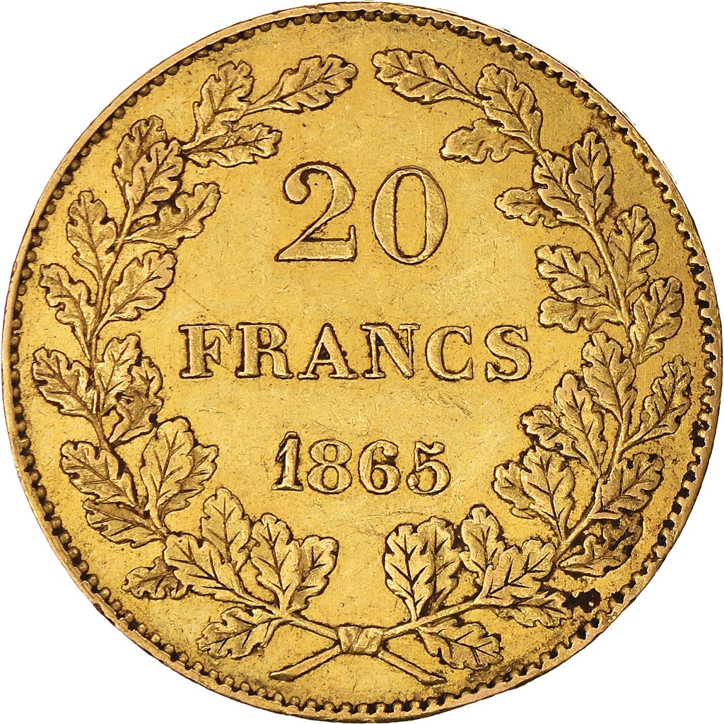 Moneda, Bélgica, Leopold I, 20 Francs, 20 Frank, 1865, Brussels, MBC, Oro