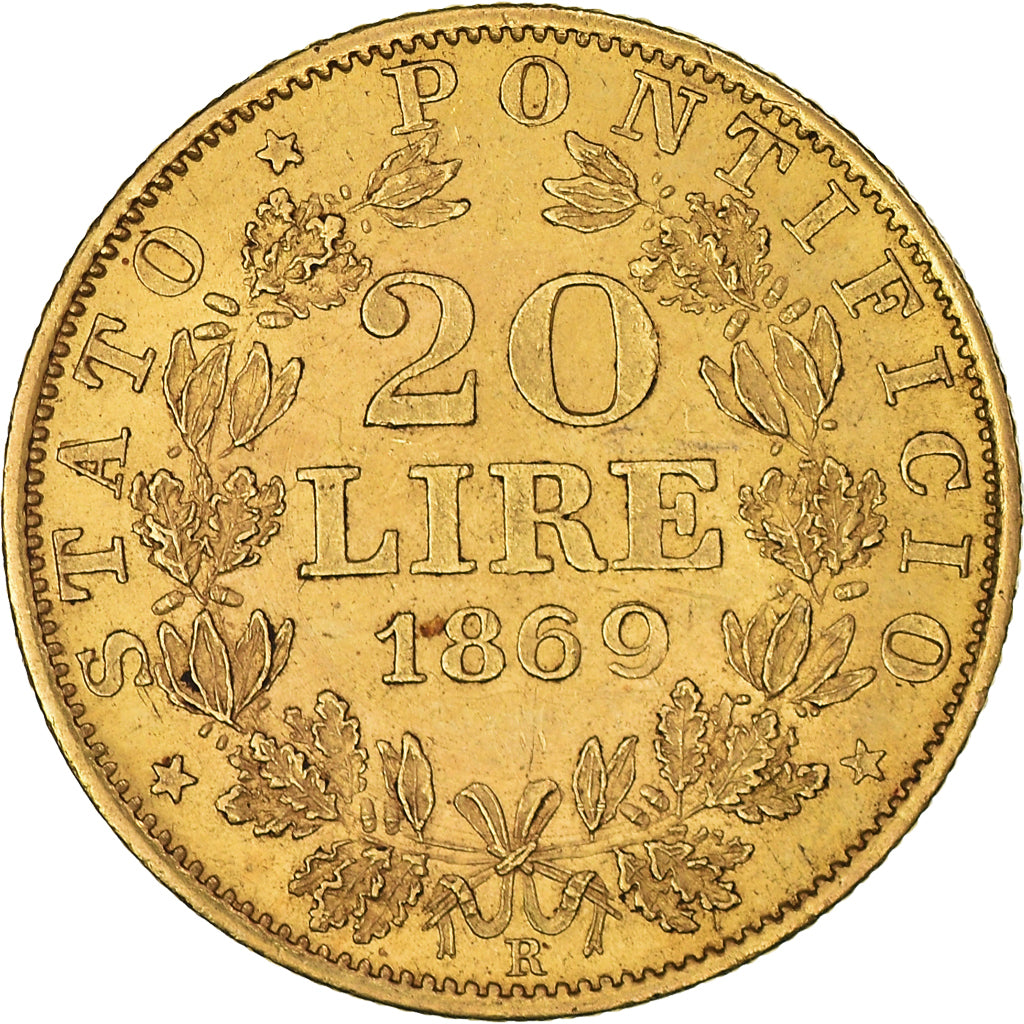 Moeda, ESTADOS ITALIANOS, PAPAL STATES, Pius IX, 20 Lire, 1869, Roma, AU(50-53)