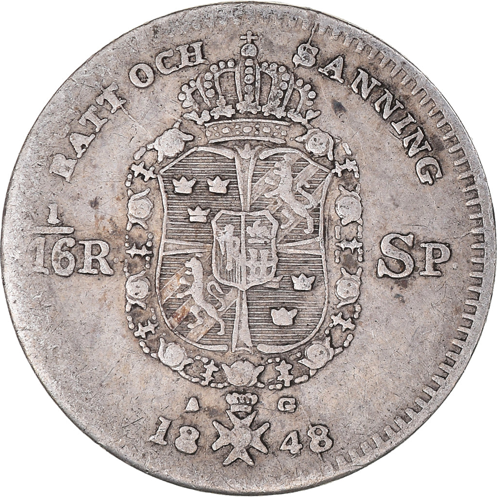 Coin, Sweden, Oscar I, 1/16 Riksdaler, 1848, VF(30-35), Silver, KM:665