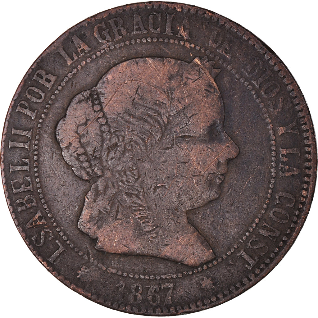 Moneta, Hiszpania, Isabel II, 5 Centimos, 1867, Barcelona, VF(30-35), Miedź