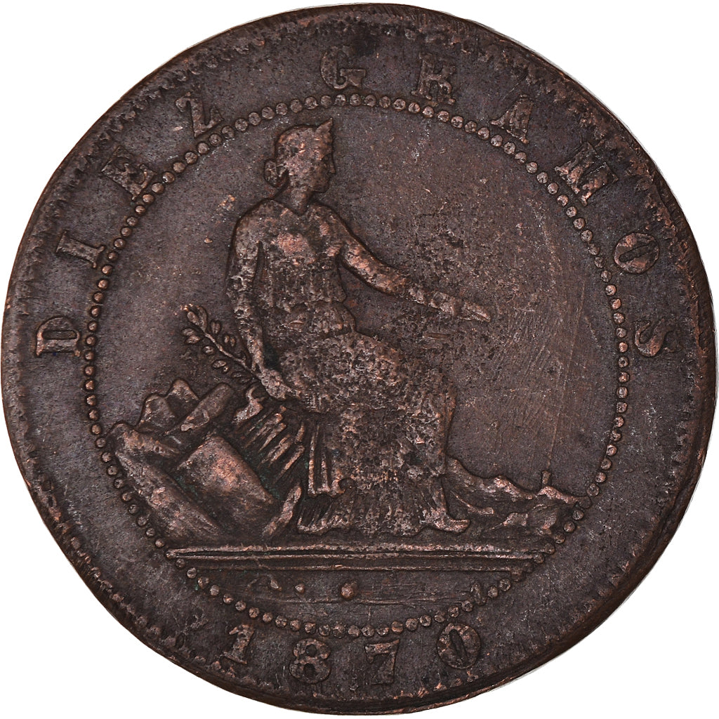 Coin, Spain, Provisional Government, 10 Centimos, 1870, VF(30-35), Copper