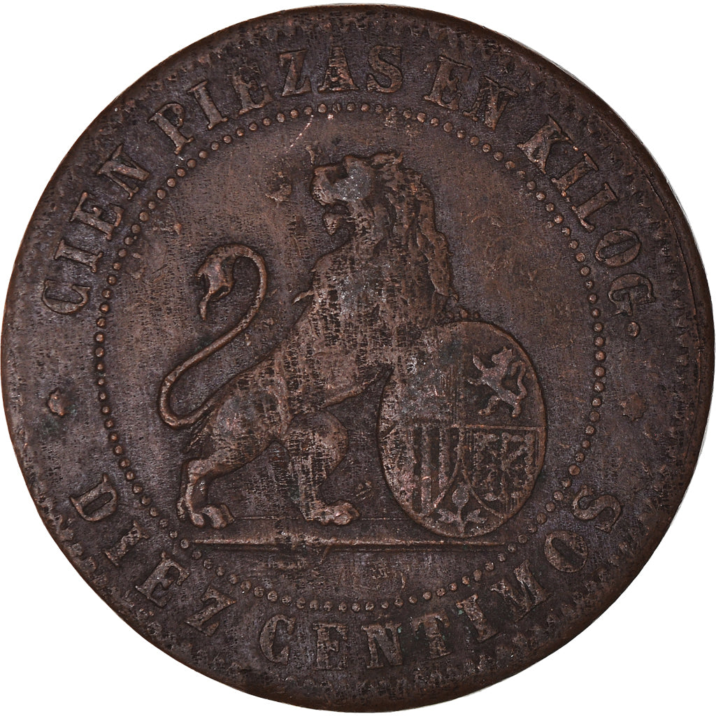 Coin, Spain, Provisional Government, 10 Centimos, 1870, VF(30-35), Copper