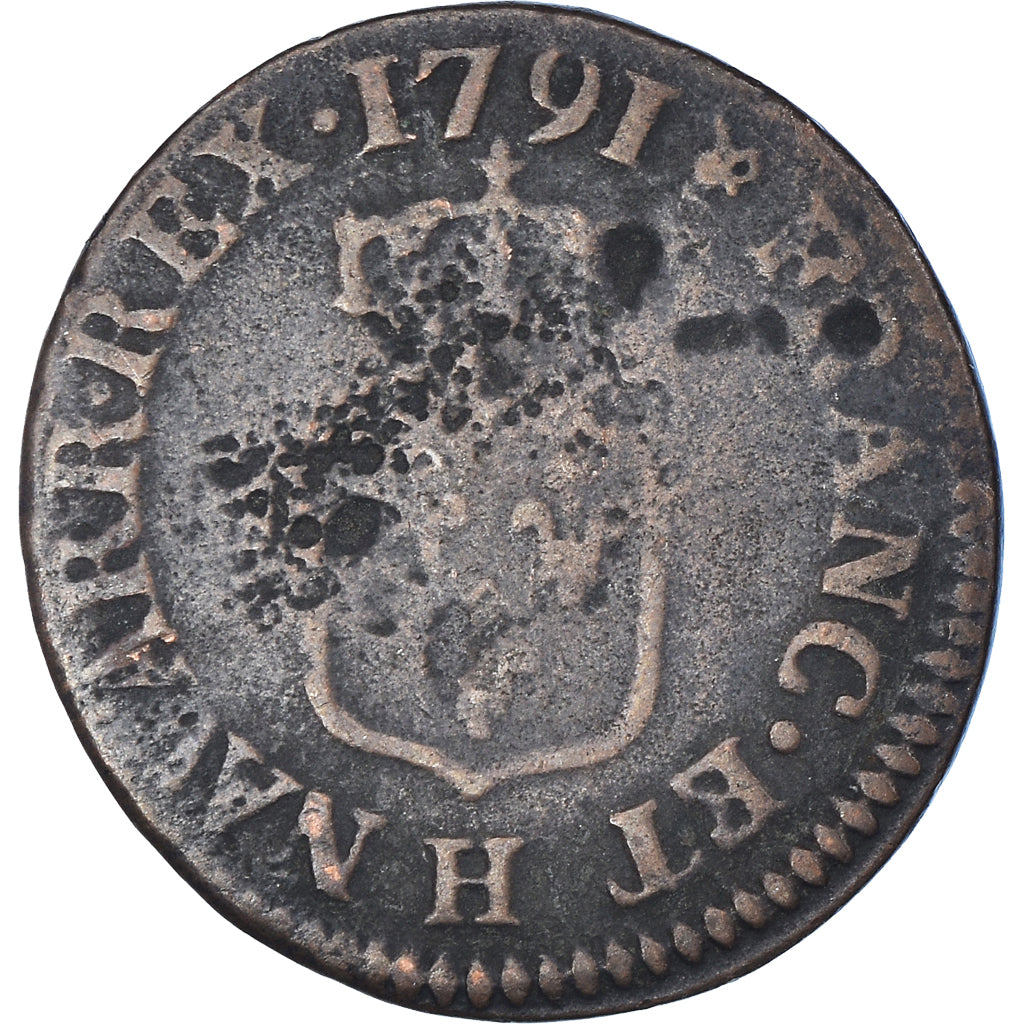 Moeda, França, Louis XVI, Liard, Liard, 1791, La Rochelle, VF(30-35), Cobre