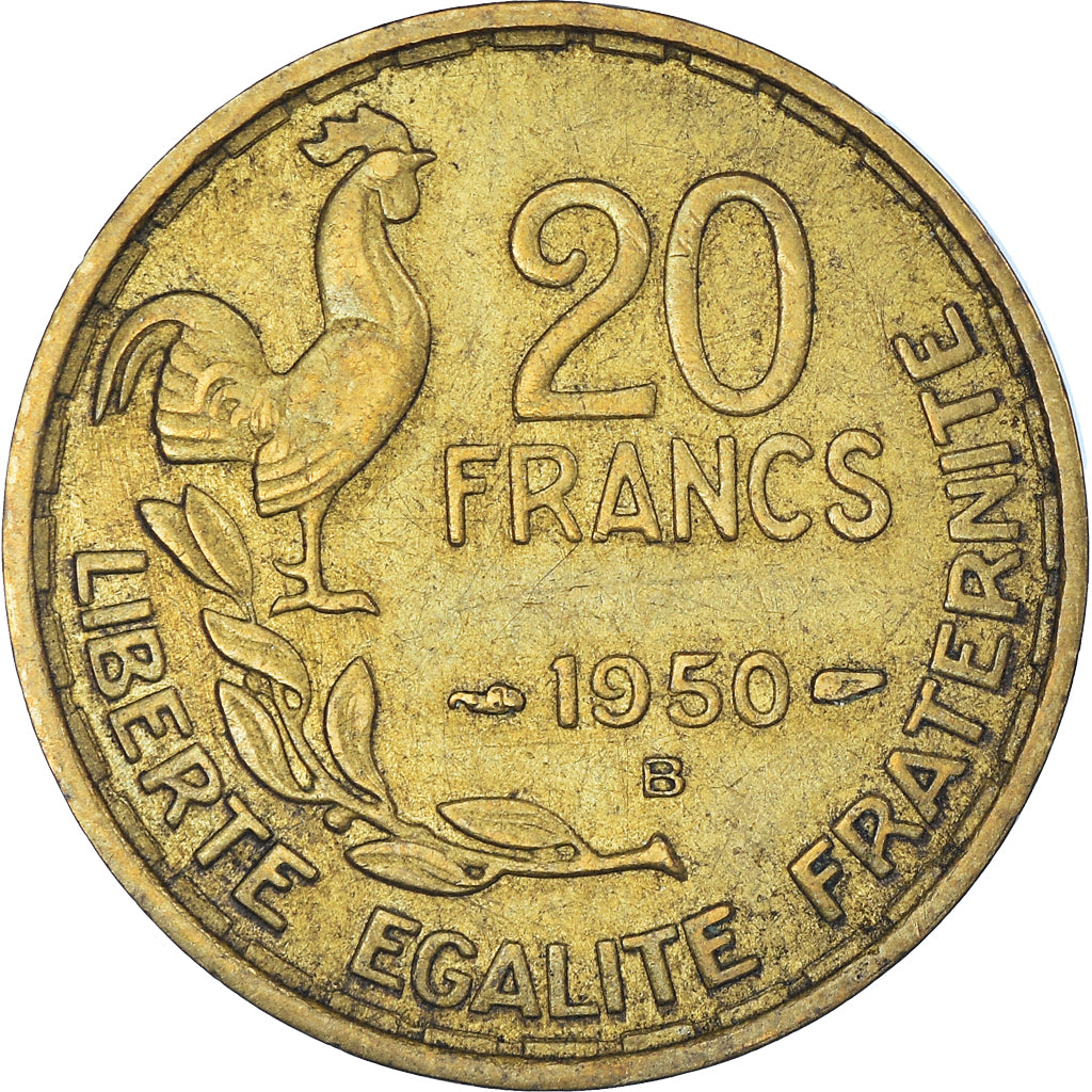 Moneda, Francia, Guiraud, 20 Francs, 1950, Beaumont - Le Roger, MBC+, Aluminio -