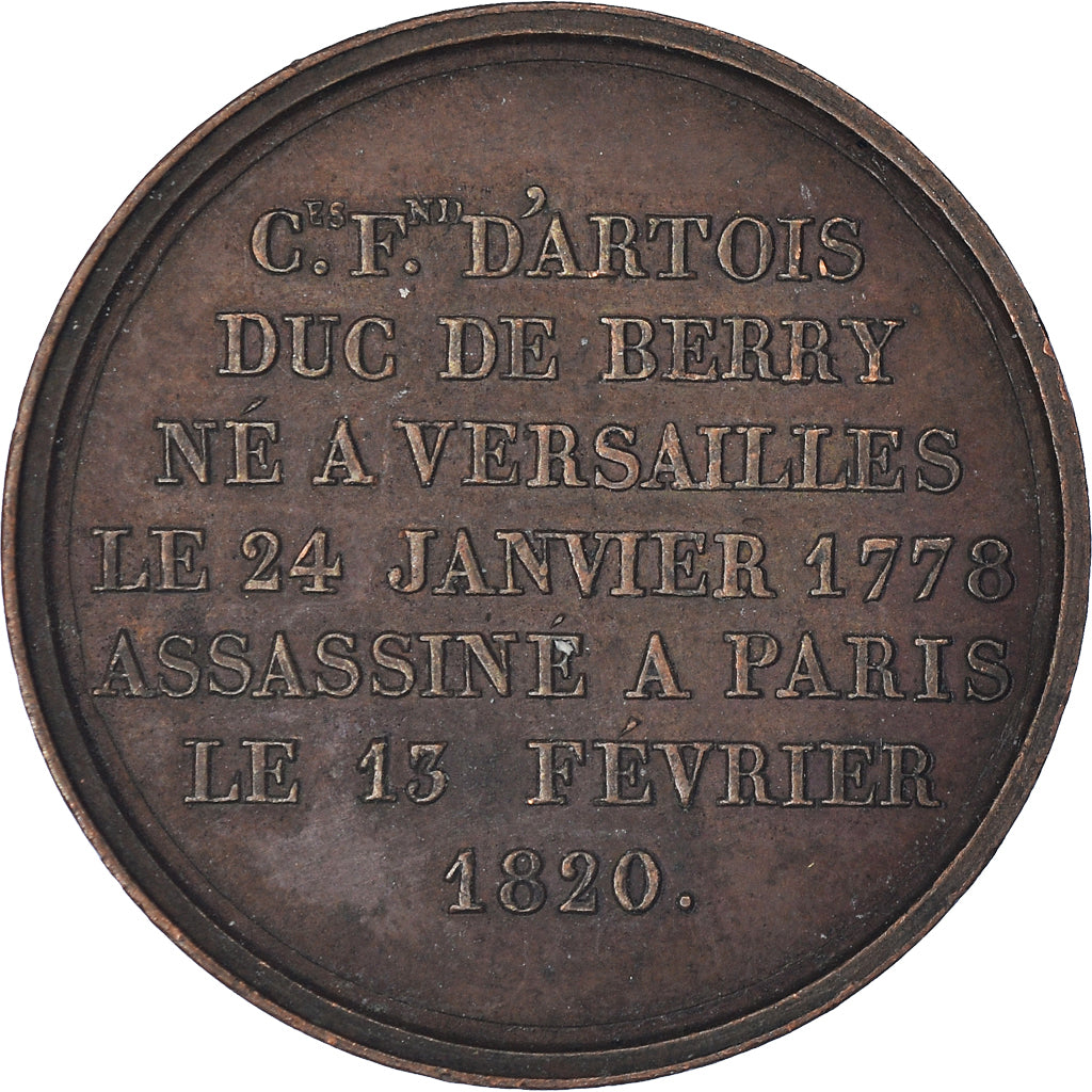 France, Medal, Mort de Charles Ferdinand, Duc de Berry, 1820, AU(50-53), Copper