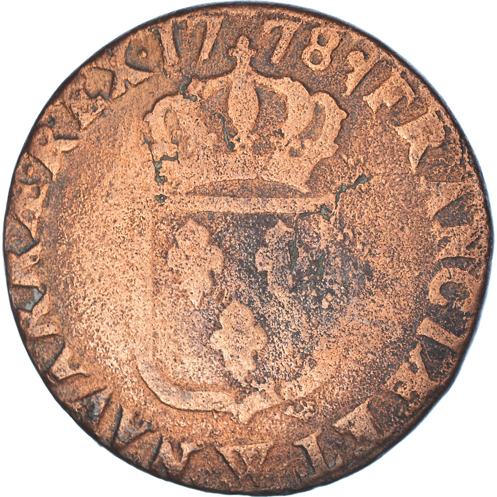 Monnaie, France, Louis XVI, Sol ou sou, Sol, 1778, Lille, TB+, Cuivre