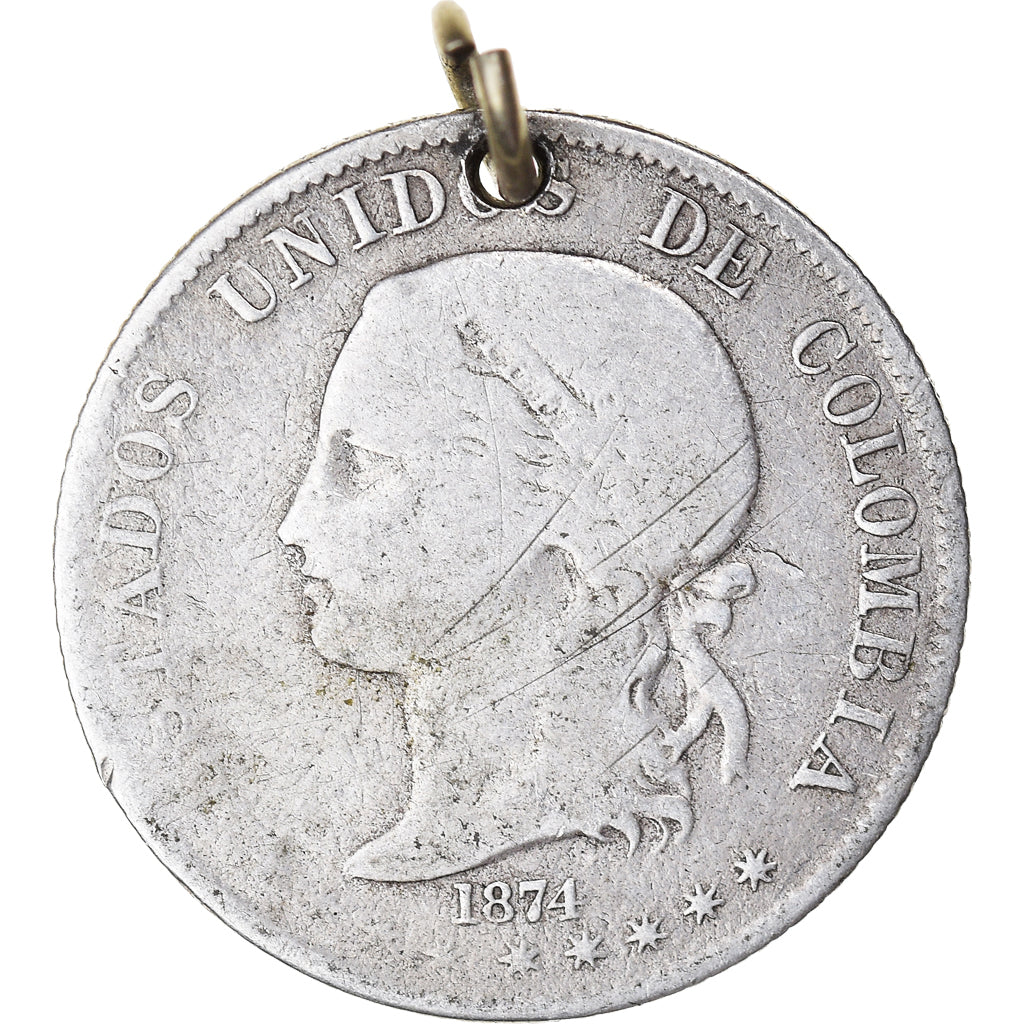 Coin, Colombia, 2 Decimos, 1874, Medellin, percée avec anneau, VF(20-25)