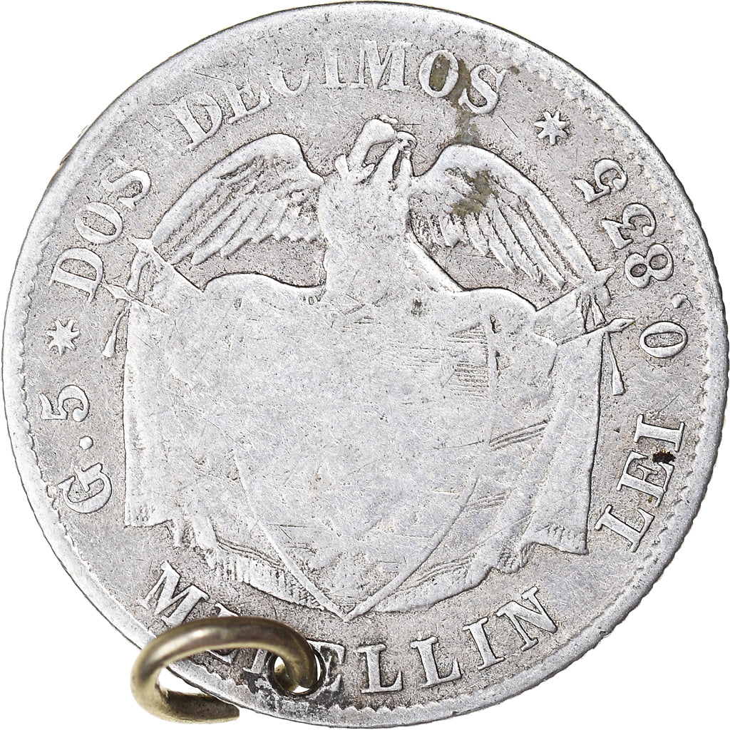 Coin, Colombia, 2 Decimos, 1874, Medellin, percée avec anneau, VF(20-25)