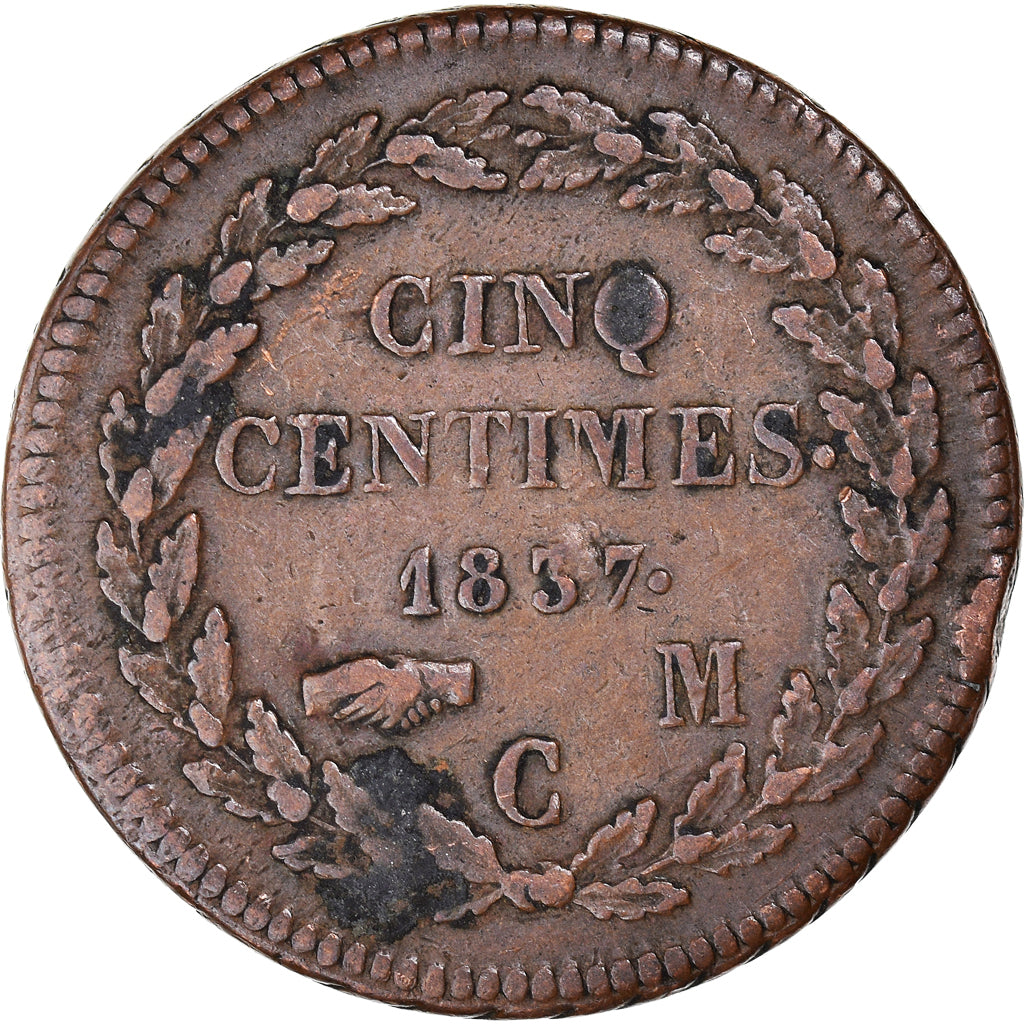 Coin, Monaco, Honore V, 5 Centimes, Cinq, 1837, Monaco, VF(30-35), Copper