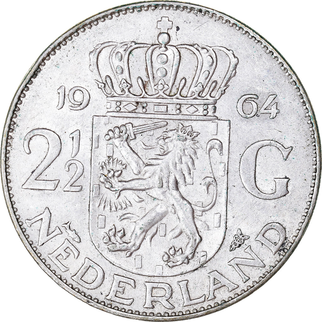 Coin, Netherlands, Juliana, 2-1/2 Gulden, 1964, Utrecht, AU(50-53), Silver
