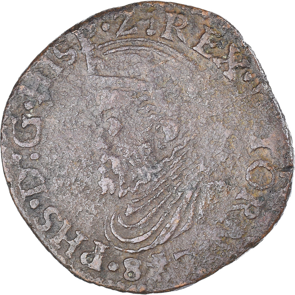 Moneda, Países Bajos españoles, Philippe II, Liard, 1582, Tournai, BC+, Cobre