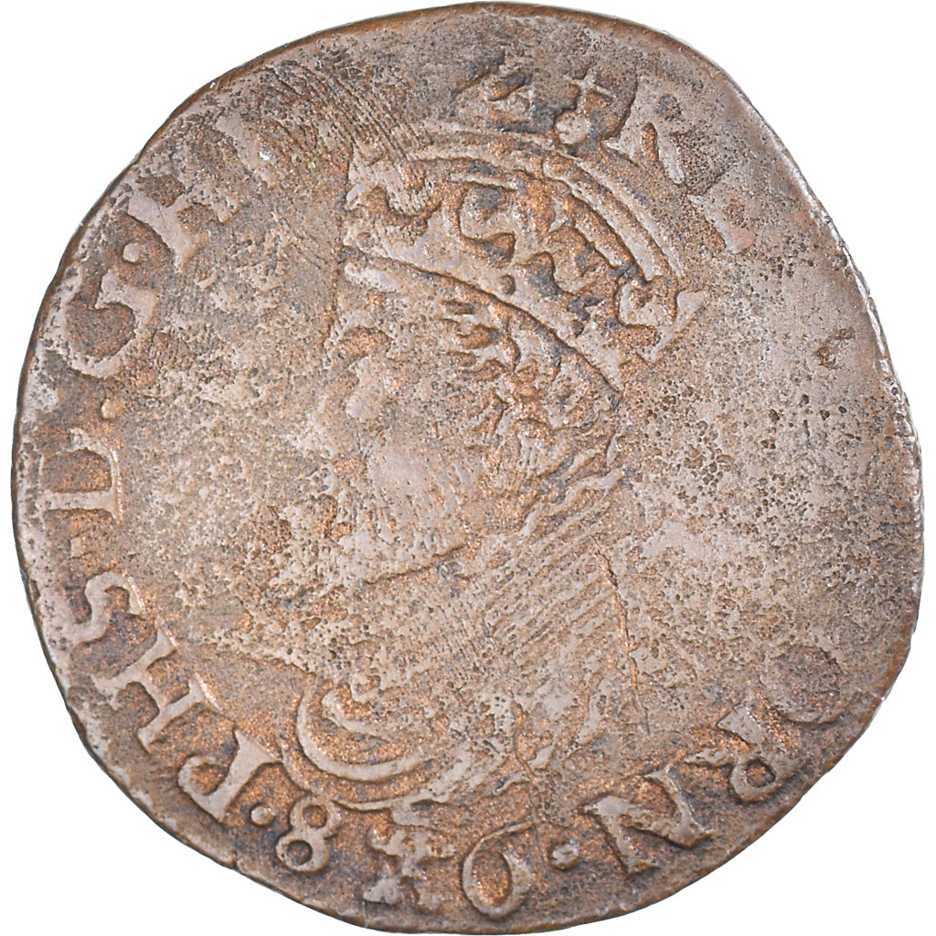 Moneda, Países Bajos españoles, Philippe II, Liard, 1586, Tournai, BC+, Cobre
