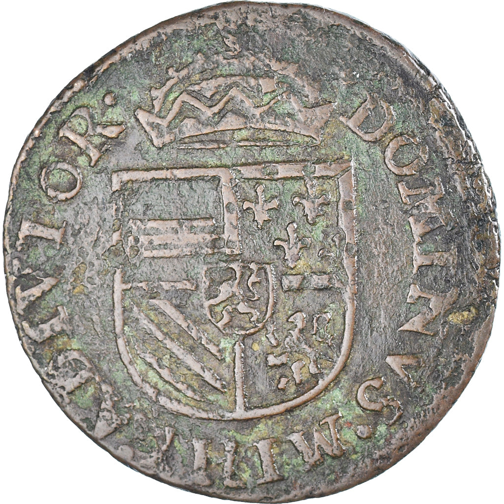 Moneda, Países Bajos españoles, Philippe II, Liard, 1587, Anvers, BC+, Cobre