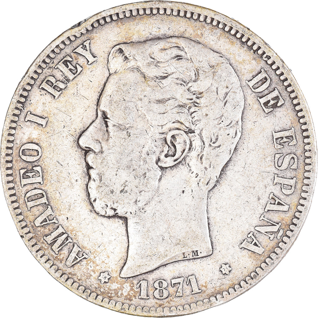 Moneta, Hiszpania, Amadeao I, 5 Pesetas, 1871, Madrid, VF(30-35), Srebro, KM:666