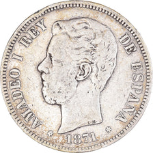 Moneda, España, Amadeao I, 5 Pesetas, 1871, Madrid, BC+, Plata, KM:666