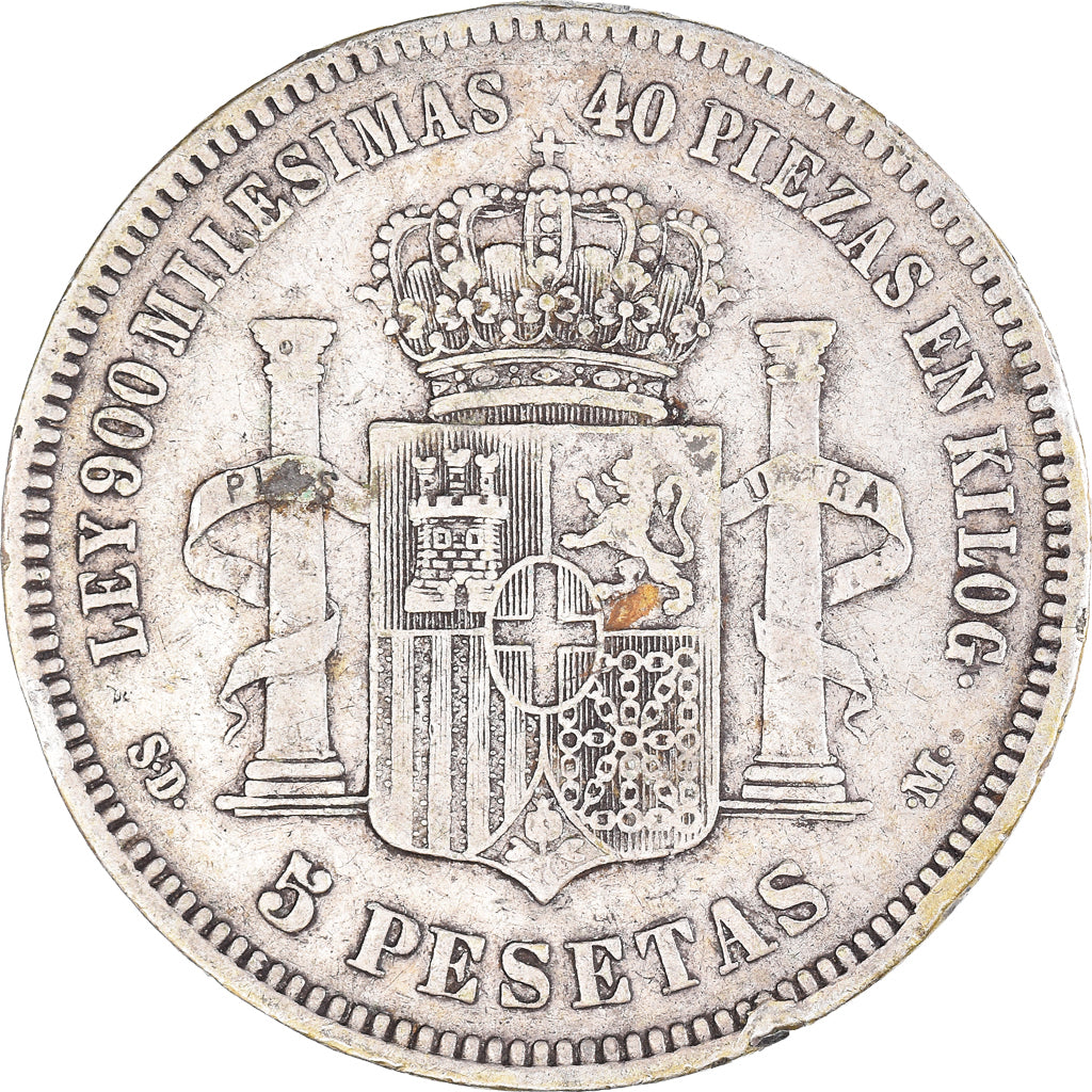 Moneta, Hiszpania, Amadeao I, 5 Pesetas, 1871, Madrid, VF(30-35), Srebro, KM:666