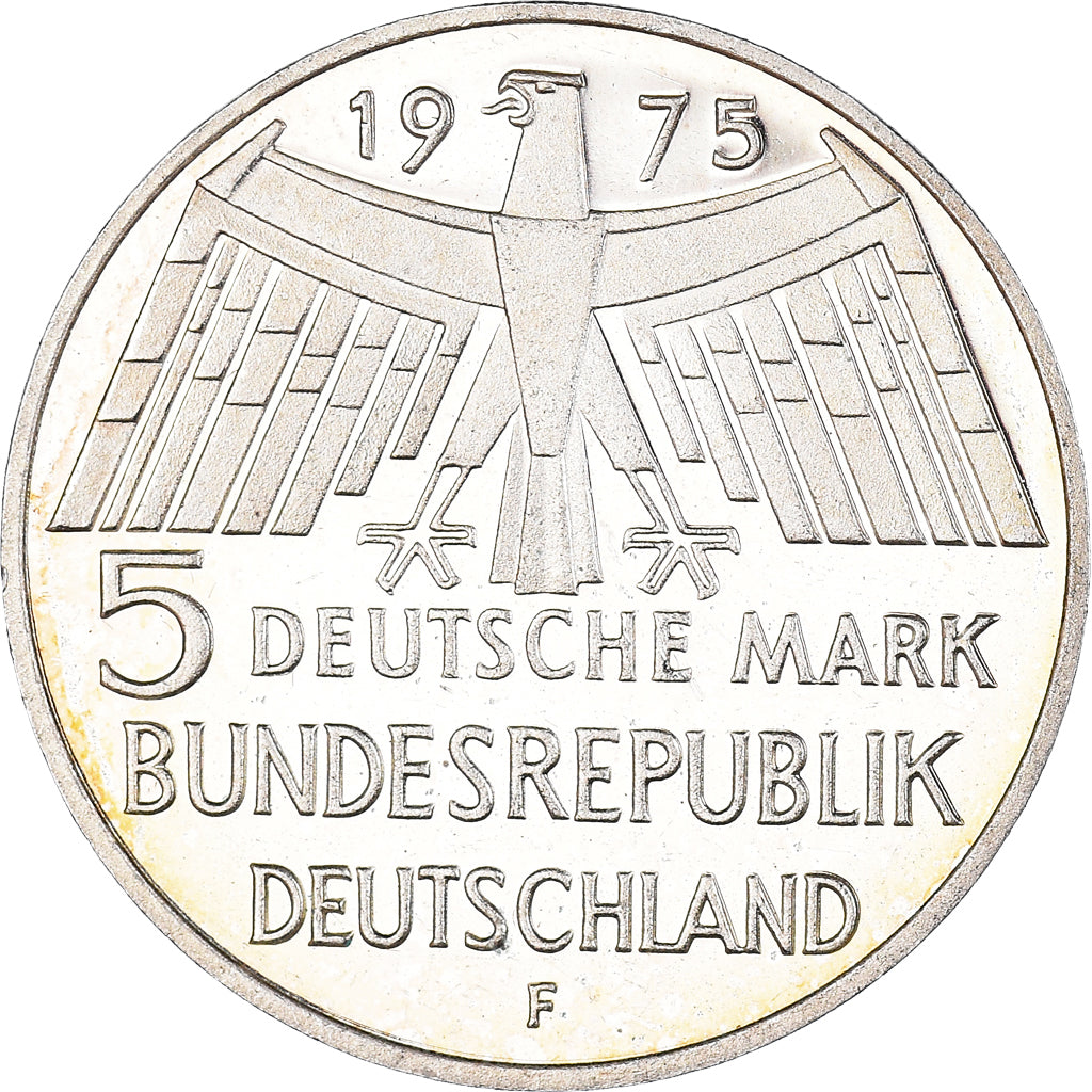 Moneta, Niemcy - RFN, 5 Mark, 1975, Stuttgart, Germany, AU(55-58), Srebro