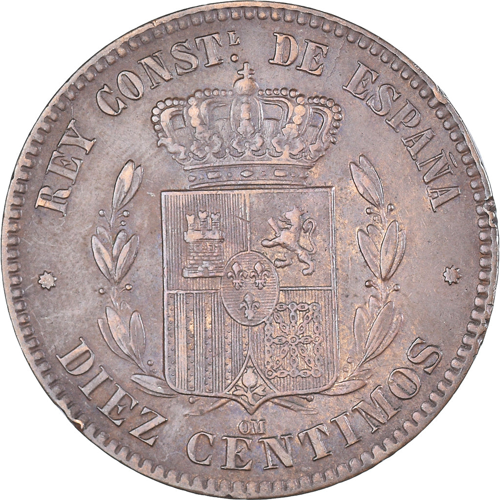Munten, Spanje, Alfonso XII, 10 Centimos, 1877, Barcelona, ZF+, Bronzen, KM:675